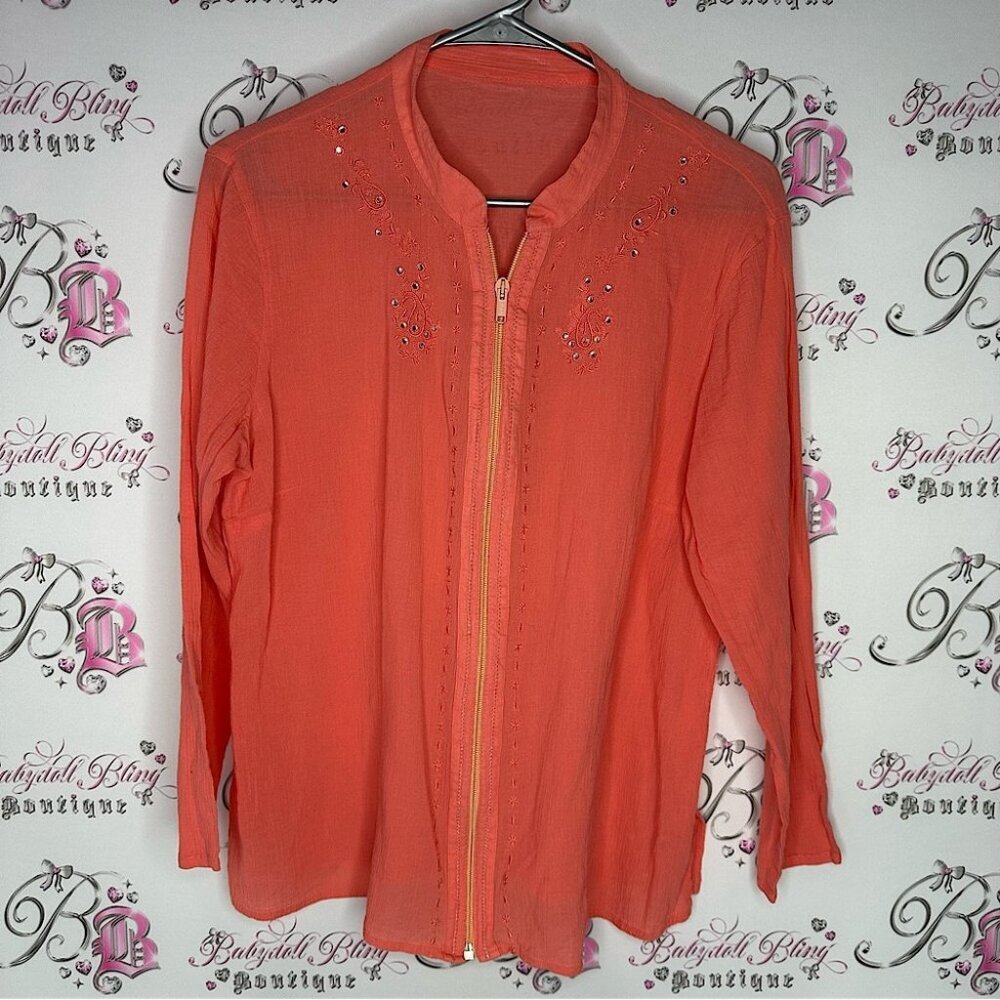 Cardigan sweater rhinestone bling embroidery zip up zipper lightweight orange